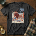 Bald eagle with sunglasses reclines in a beach chair under a palm tree.