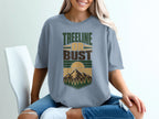 Tops with "TREELINE OR BUST" text, mountains, and sunset graphic.
