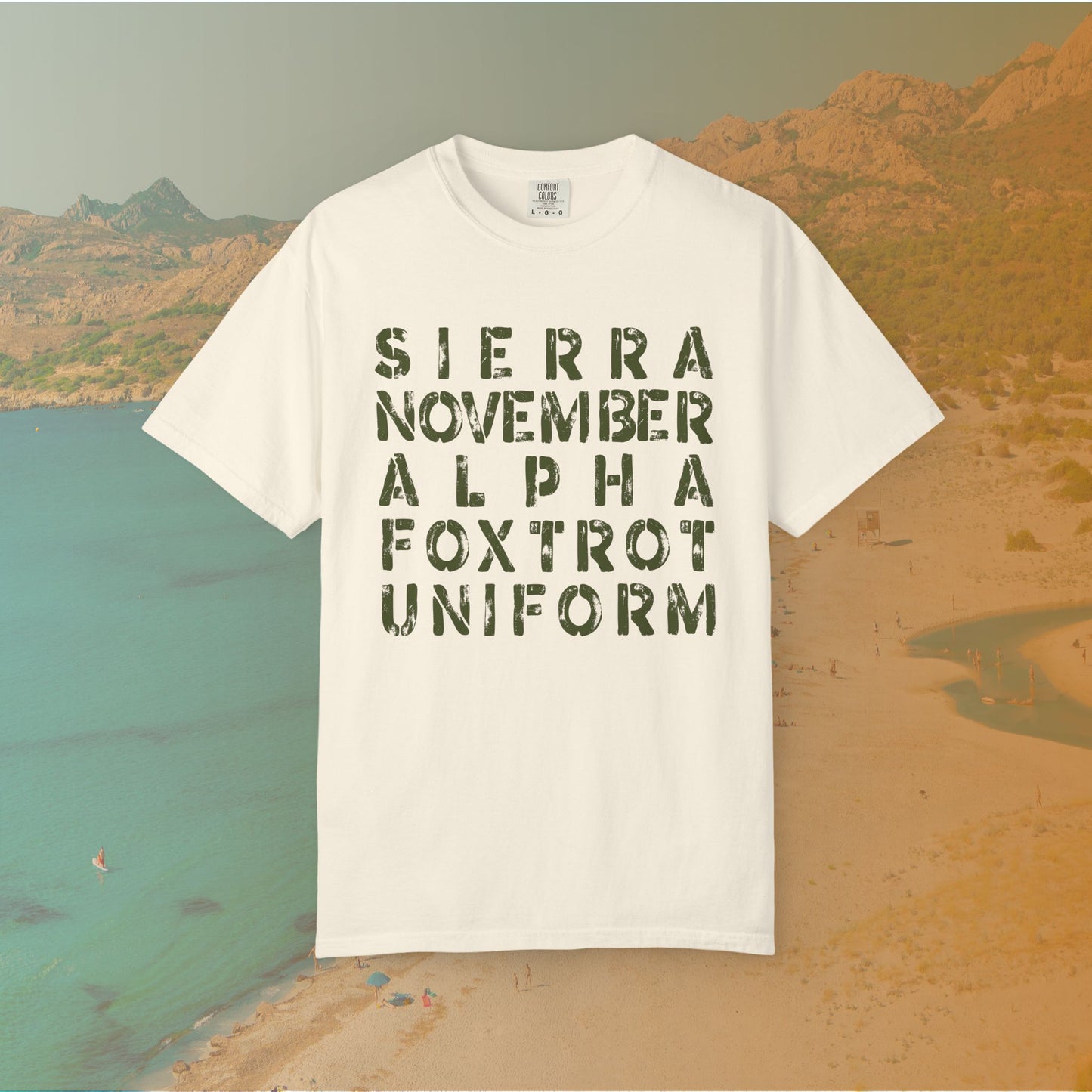Ivory t-shirt Graphic T-shirt featuring the NATO phonetic alphabet words "SIERRA NOVEMBER ALPHA FOXTROT UNIFORM" in a large, distressed stencil font.