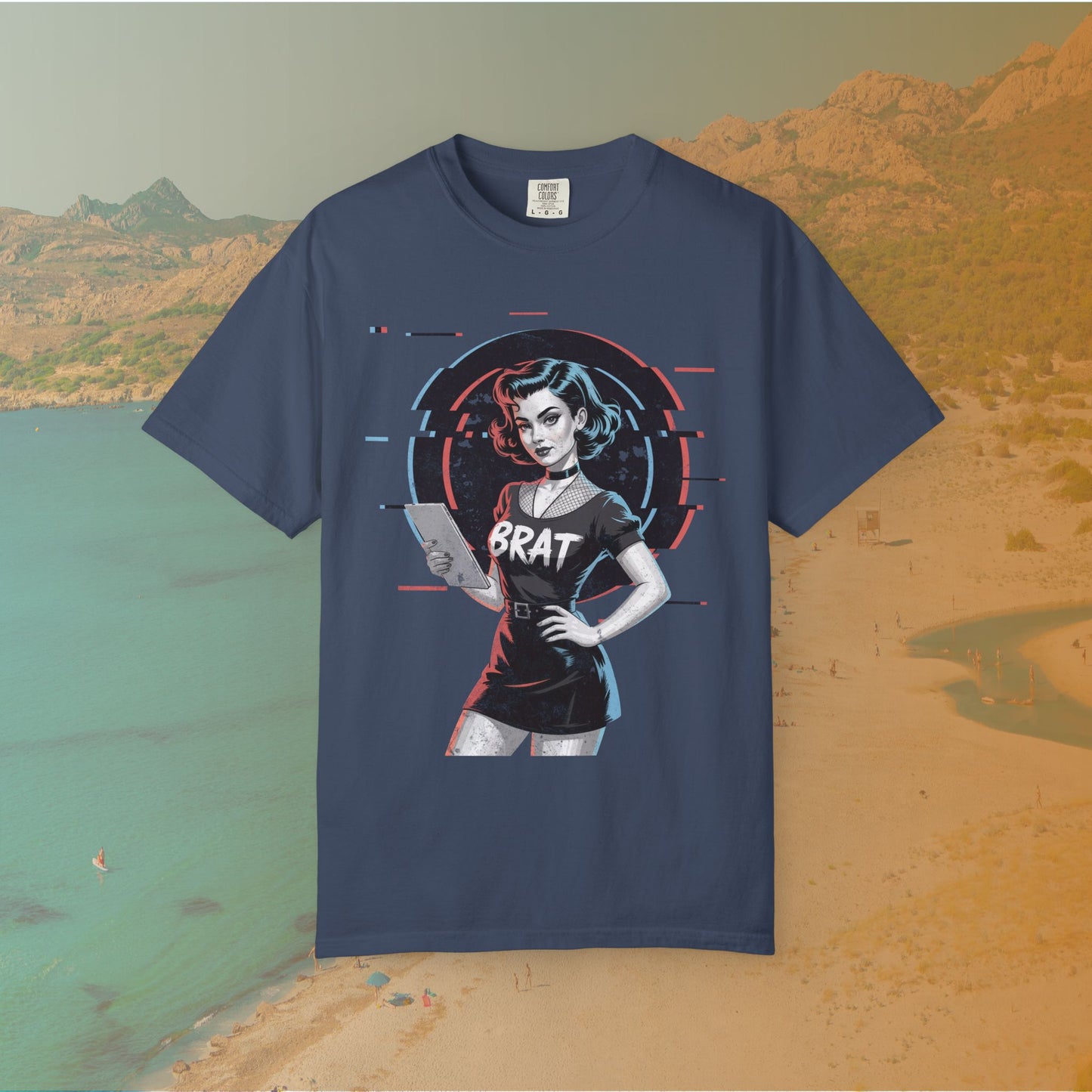 Cyberpunk BRAT Glitch Art Pinup Girl T-Shirt | Retro Pin Up Sassy Slogan Dark Goth