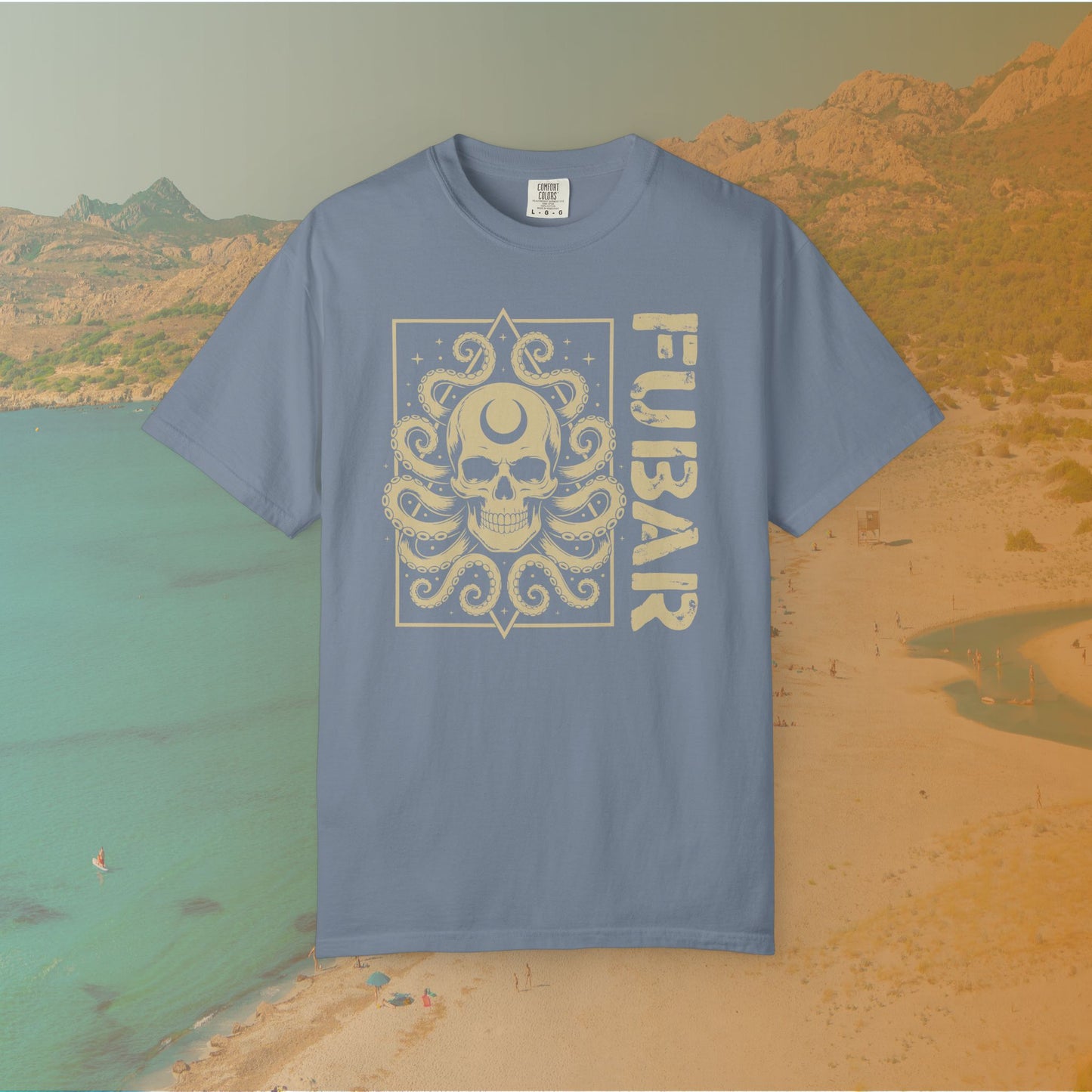 blue Graphic T-shirt featuring a detailed skull with a crescent moon on its forehead and octopus tentacles emerging from it, next to the large, distressed text "FUBAR."