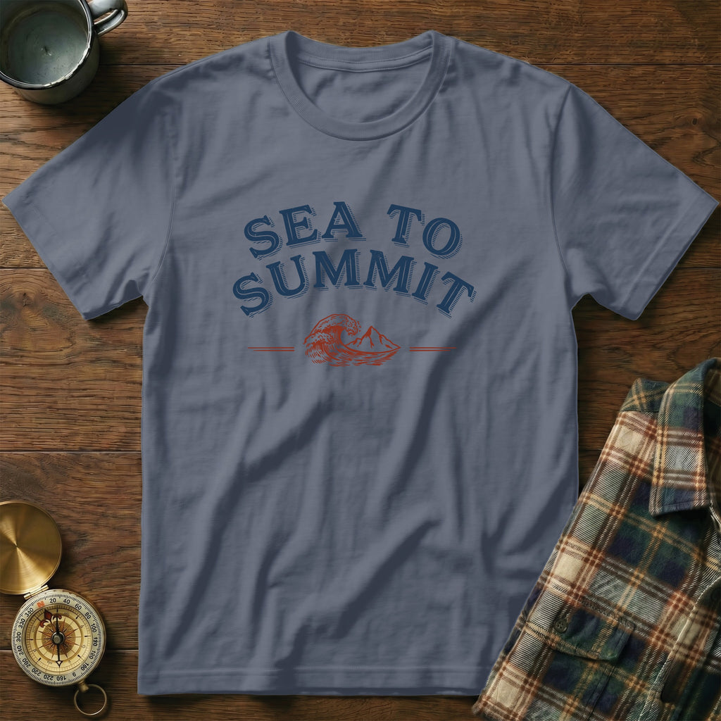 Slate blue t-shirt with "SEA TO SUMMIT" text and mountain wave graphic.
