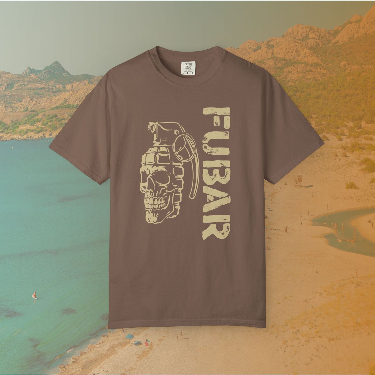 brown Graphic T-shirt featuring a stylized image of a skull merged with a hand grenade, positioned next to the large, distressed stencil text "FUBAR."