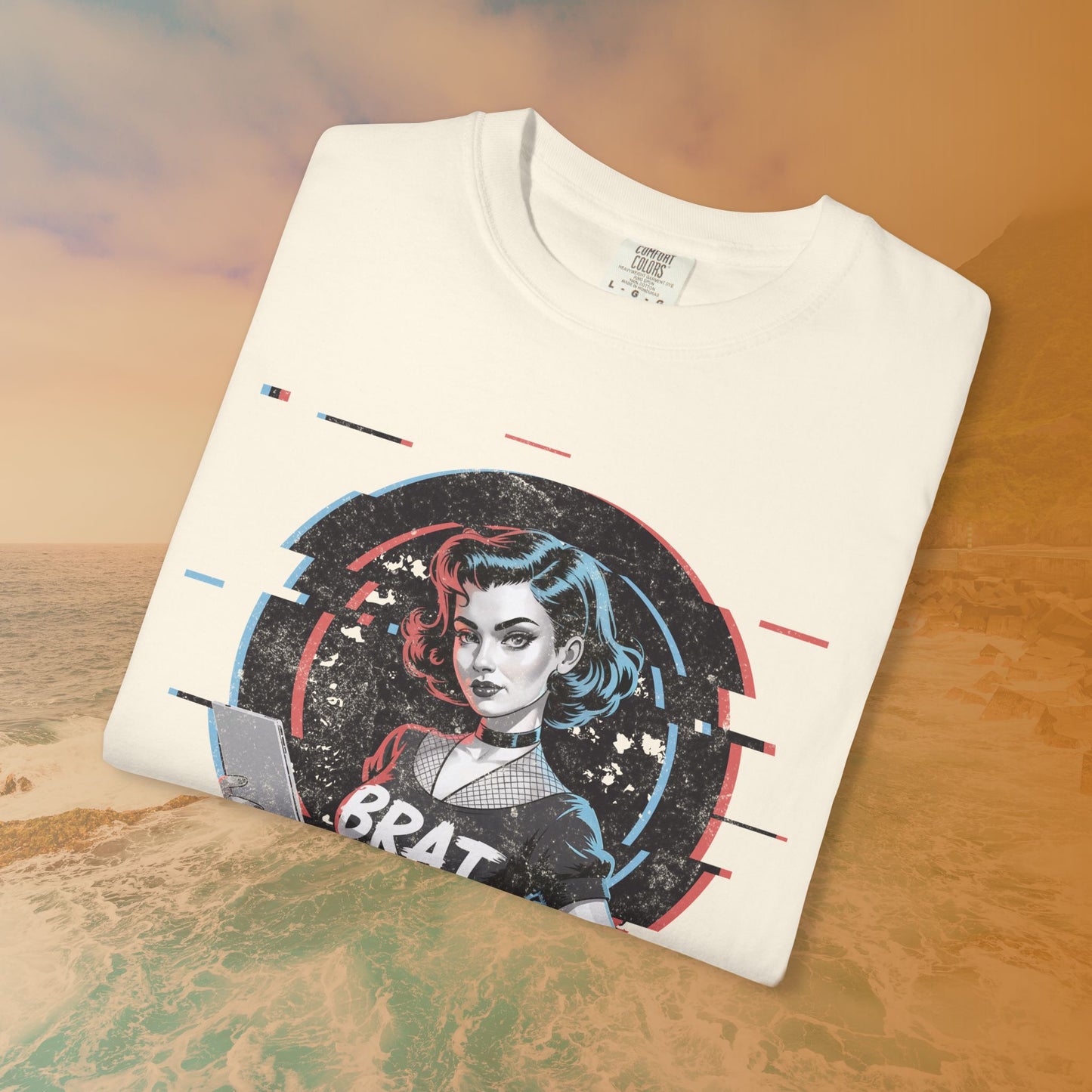 Cyberpunk BRAT Glitch Art Pinup Girl T-Shirt | Retro Pin Up Sassy Slogan Dark Goth