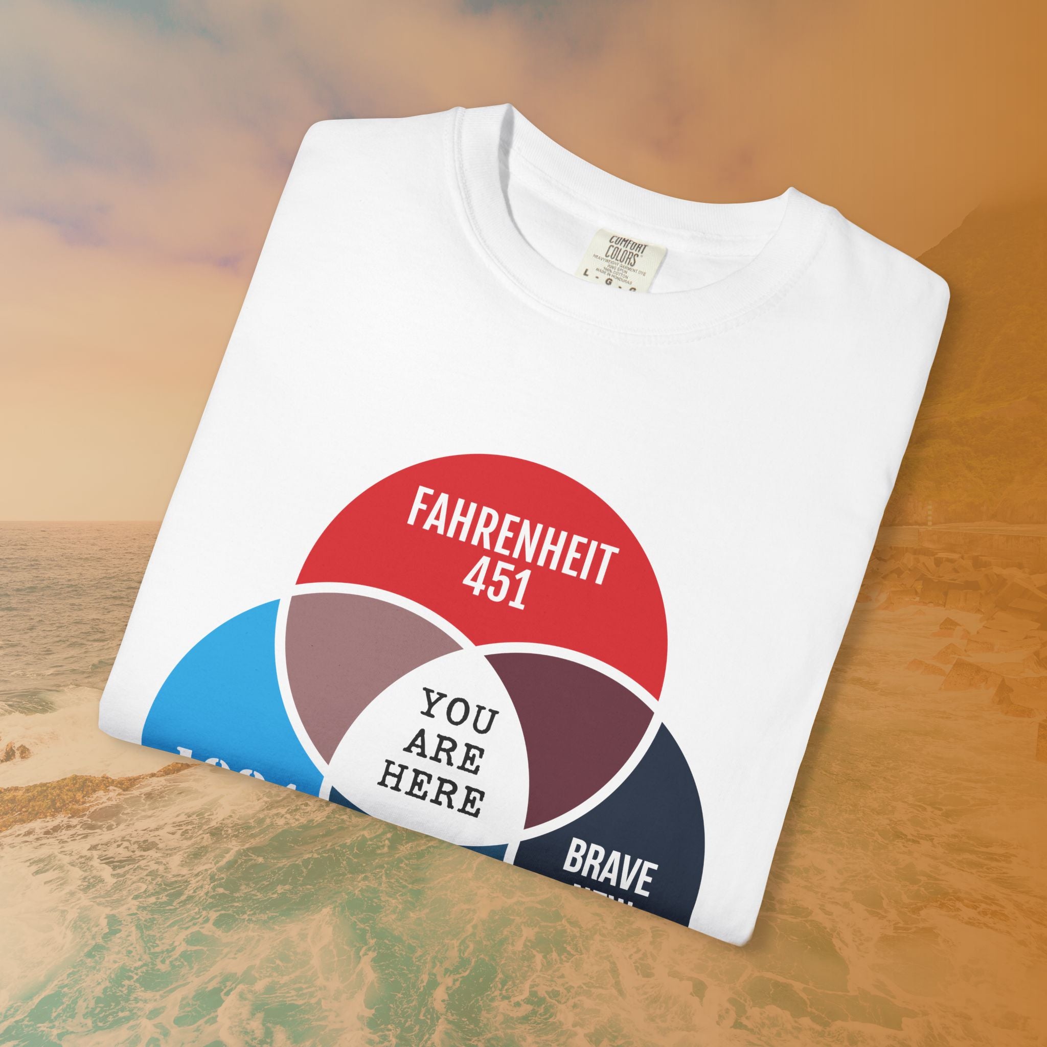 Dystopian Novels Venn Diagram T-Shirt | 1984, Fahrenheit 451, Brave New World Literary Tee