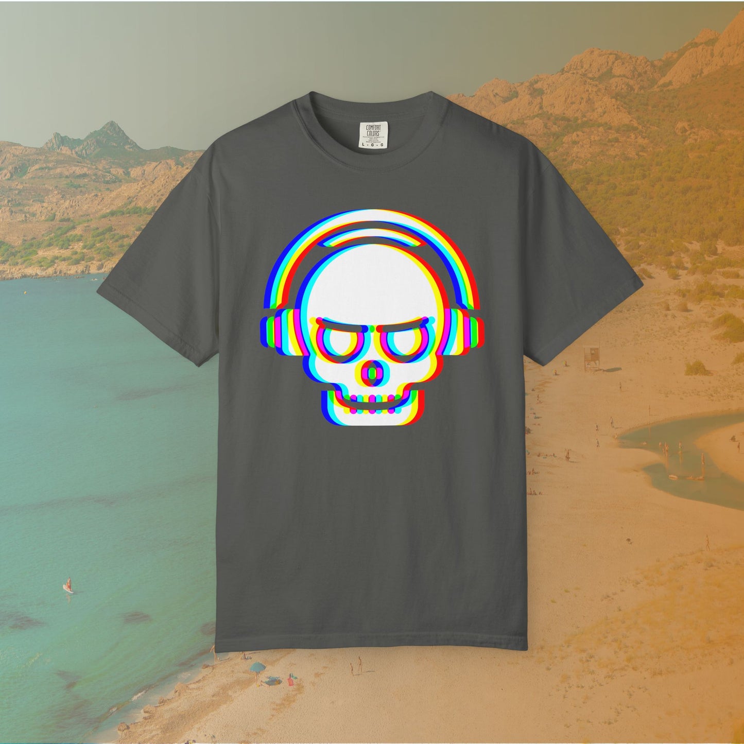 grey  t-shirt with White EDM DJ skull graphic wearing headphones, rendered with an intense red, blue, and yellow (RGB) chromatic aberration or glitch effect 