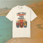  ivory t-shirt Graphic T-shirt featuring three illustrated drinks on retro color panels labeled "JACK," "JIM," and "JOSE." The text above reads: "I ONLY TRUST THREE FRIENDS"