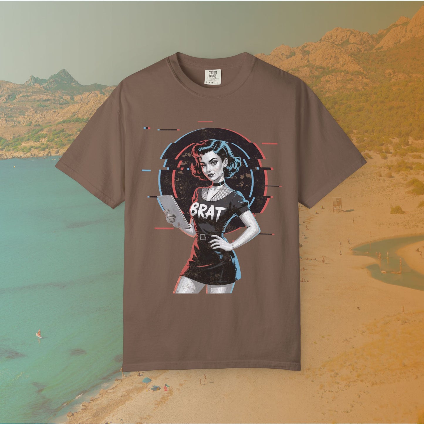 Cyberpunk BRAT Glitch Art Pinup Girl T-Shirt | Retro Pin Up Sassy Slogan Dark Goth