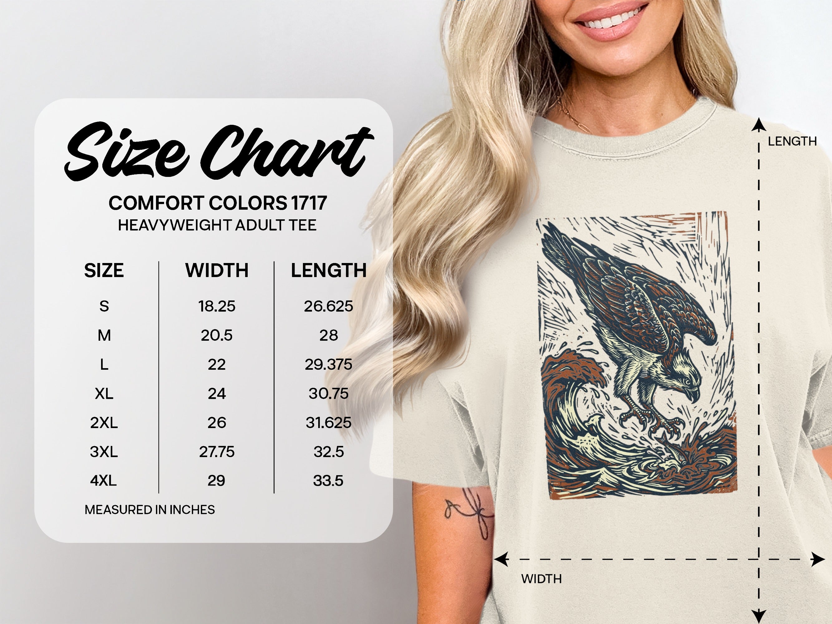 Comfort Colors 1717 heavyweight adult tee size chart with measurements in inches.
