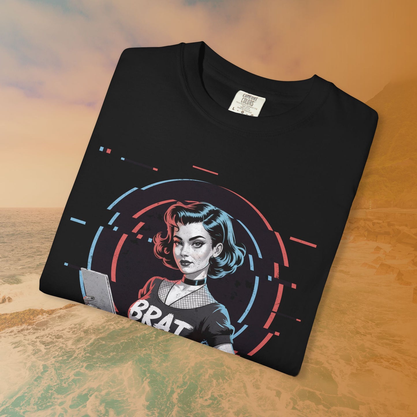 Cyberpunk BRAT Glitch Art Pinup Girl T-Shirt | Retro Pin Up Sassy Slogan Dark Goth