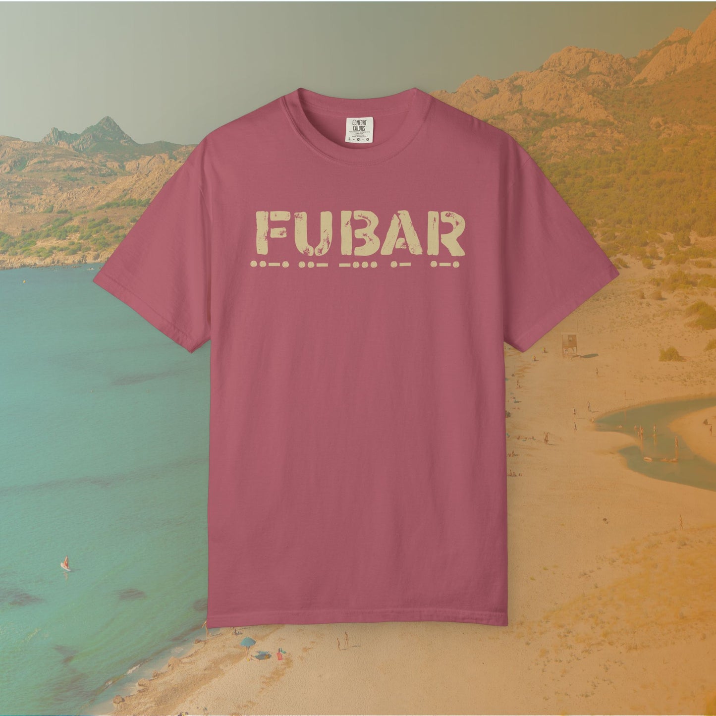 Maroon t-shirt with 'FUBAR' text on a scenic background