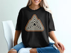 Black t-shirt with a triangular mountain graphic in beige and white stripes.