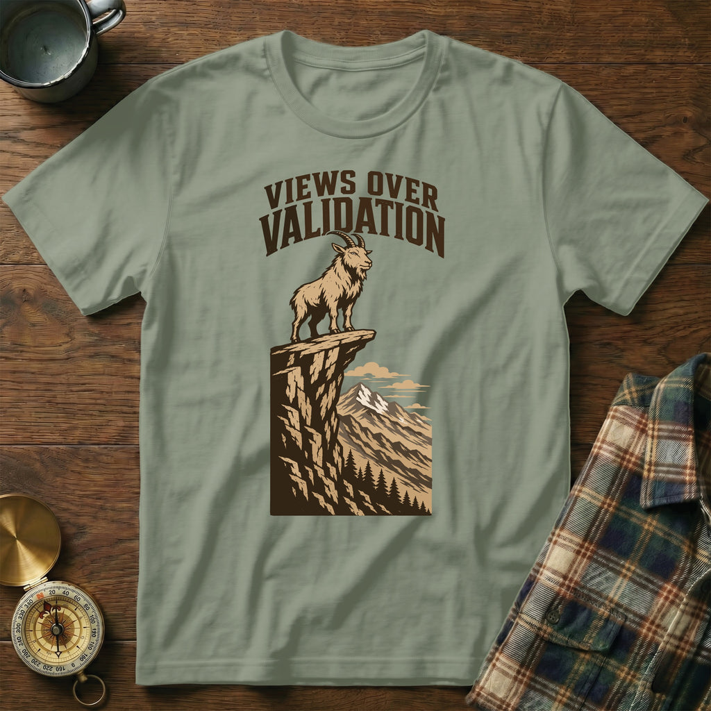 T-shirt with mountain goat graphic and text "VIEWS OVER VALIDATION".