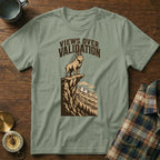 T-shirt with mountain goat graphic and text "VIEWS OVER VALIDATION".
