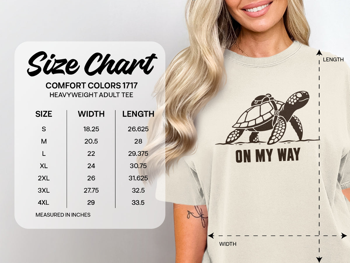 Comfort Colors 1717 size chart for heavyweight adult tee with turtle graphic.
