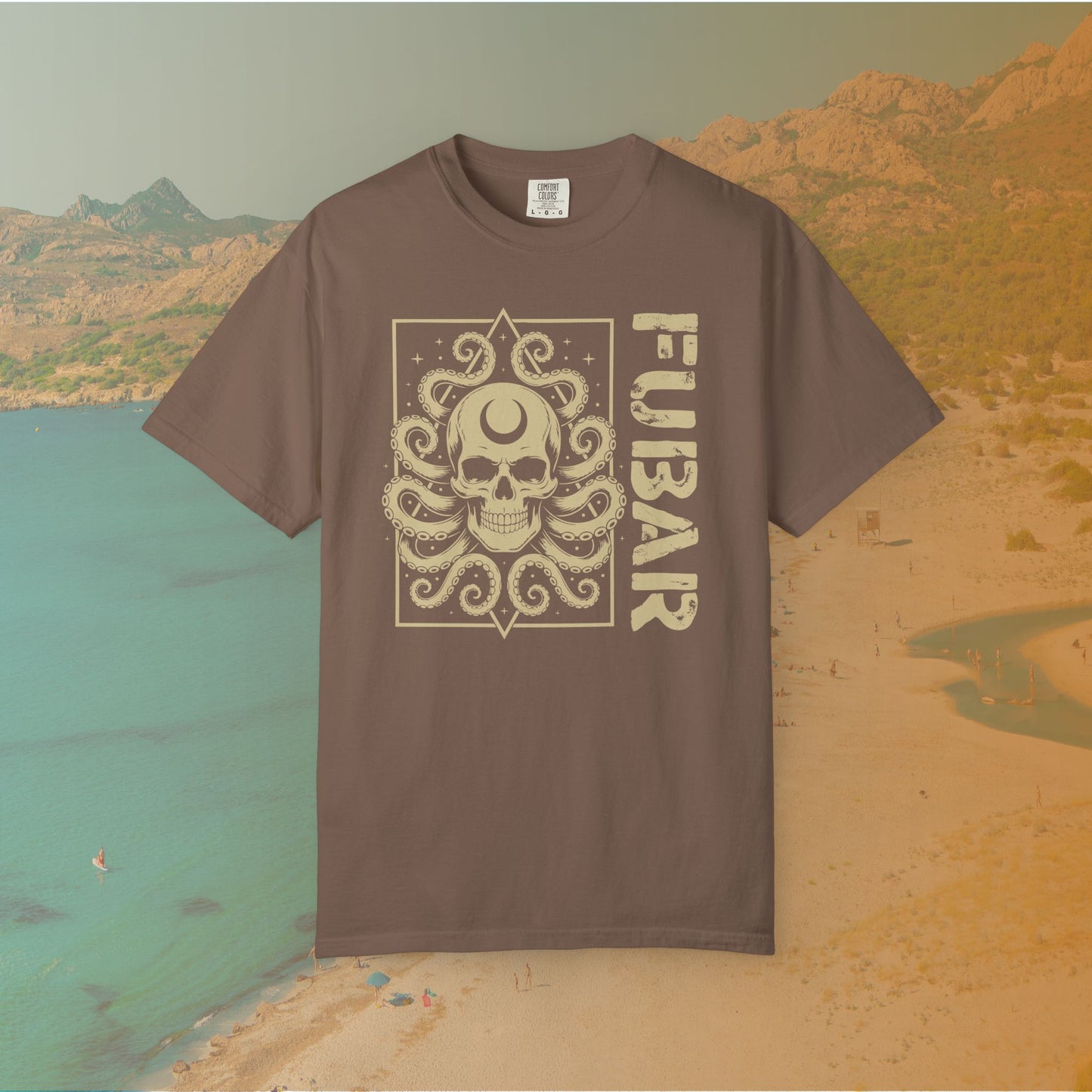 Brown t-shirt with skull and octopus design and 'FUBAR' text on a scenic background