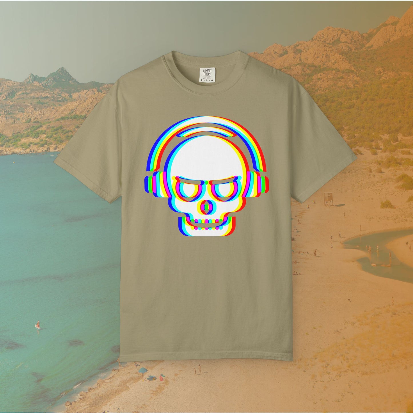 khaki t-shirt with White EDM DJ skull graphic wearing headphones, rendered with an intense red, blue, and yellow (RGB) chromatic aberration or glitch effect 