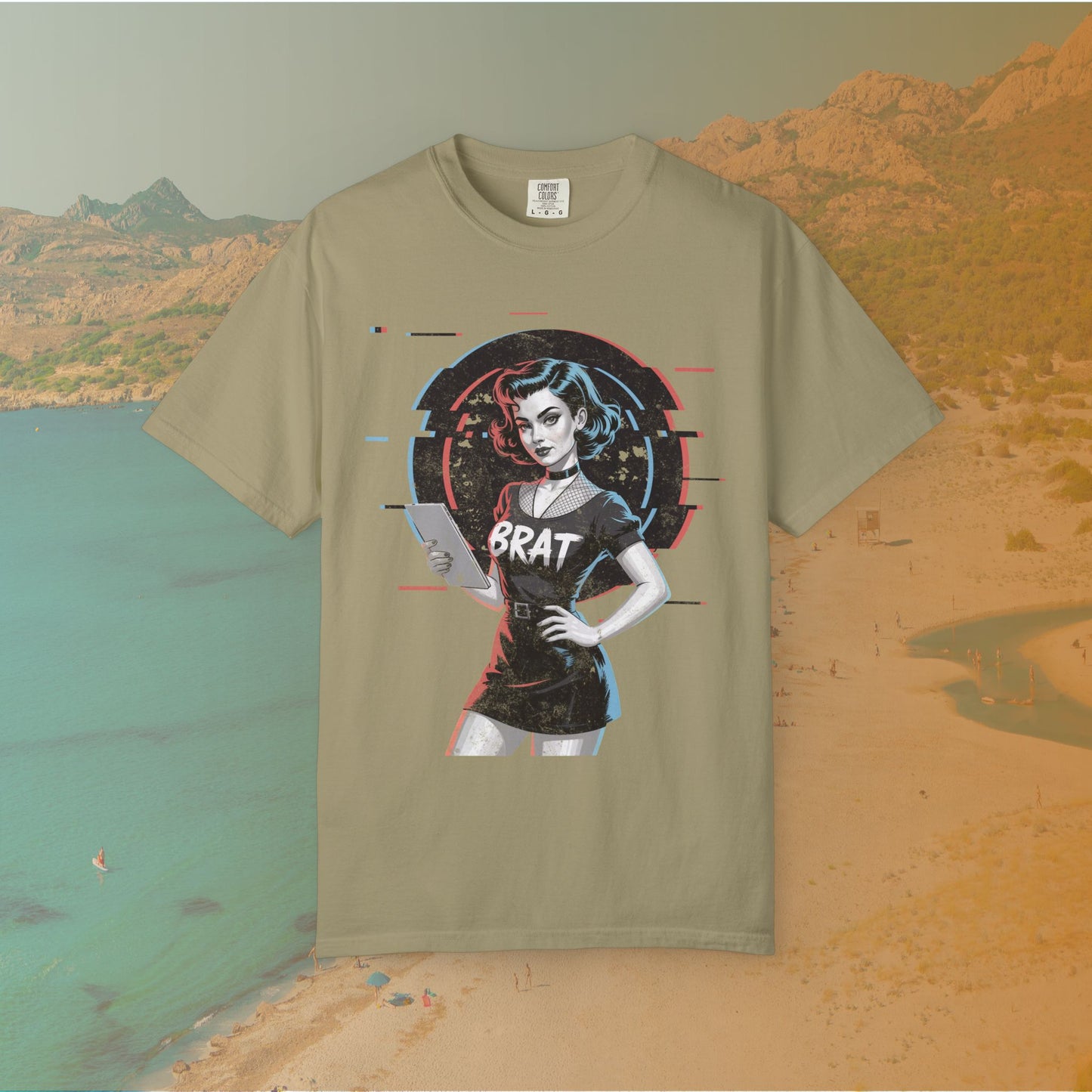 Cyberpunk BRAT Glitch Art Pinup Girl T-Shirt | Retro Pin Up Sassy Slogan Dark Goth