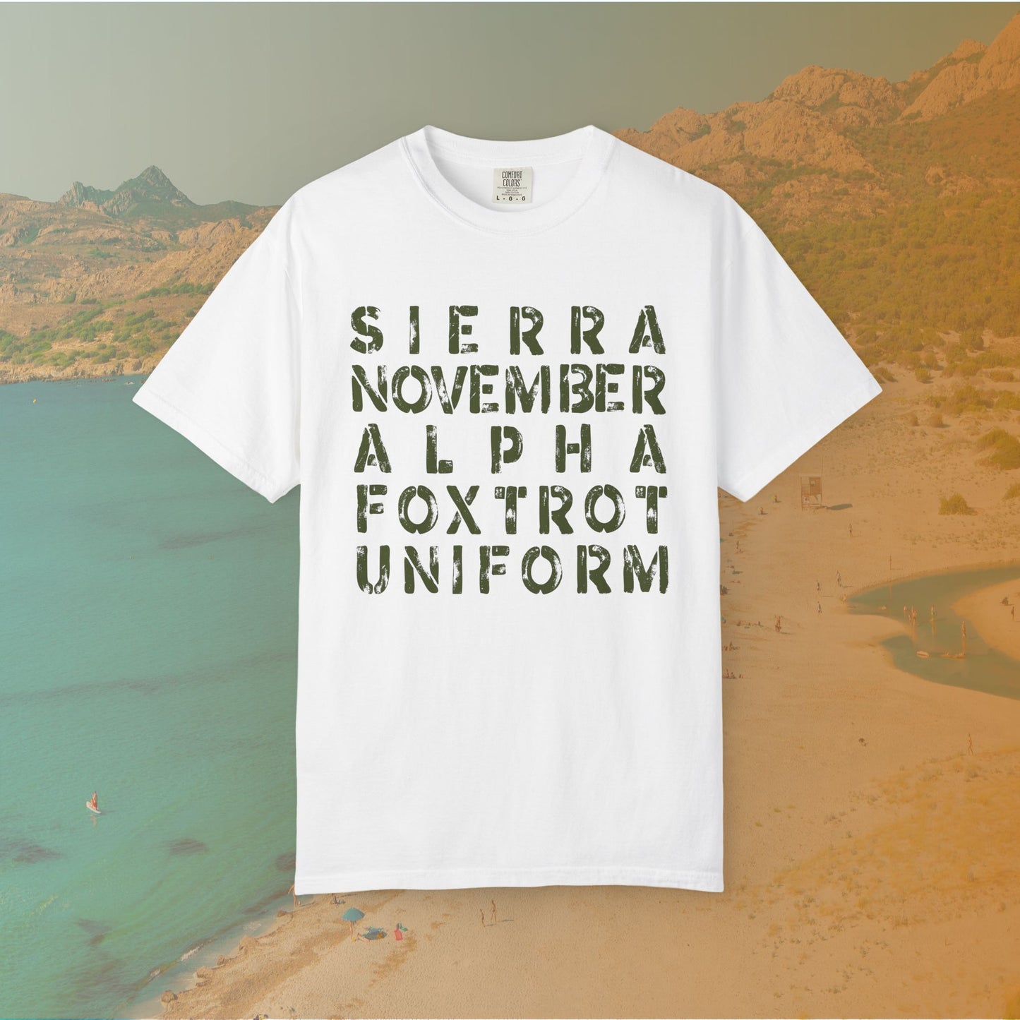White t-shirt Graphic T-shirt featuring the NATO phonetic alphabet words "SIERRA NOVEMBER ALPHA FOXTROT UNIFORM" in a large, distressed stencil font.