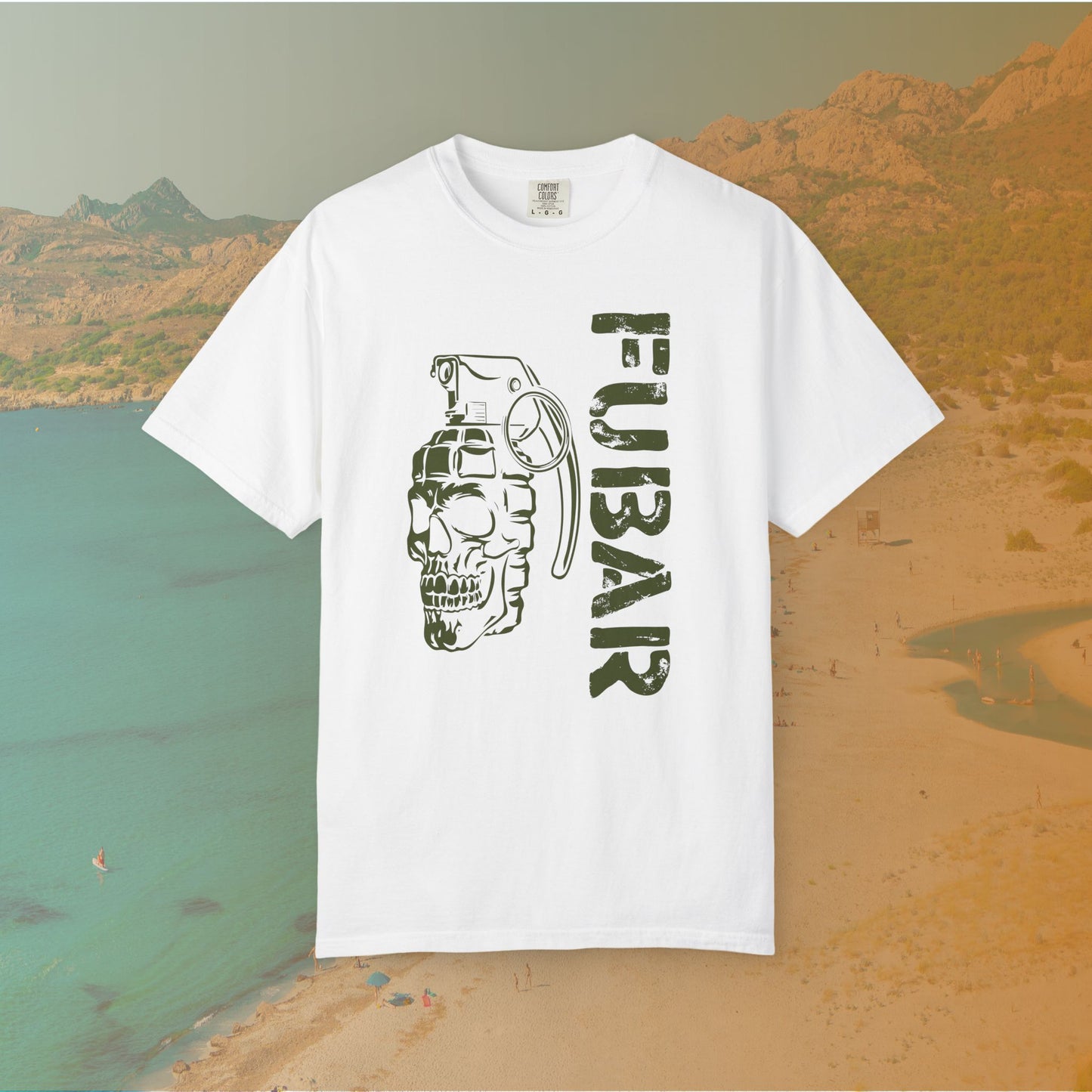 white Graphic T-shirt featuring a stylized image of a skull merged with a hand grenade, positioned next to the large, distressed stencil text "FUBAR."
