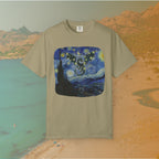 khaki t-shirt Van Gogh Starry Night-inspired painting with a dragon silhouette made of stars flying across a swirling night sky for dragoncore theme