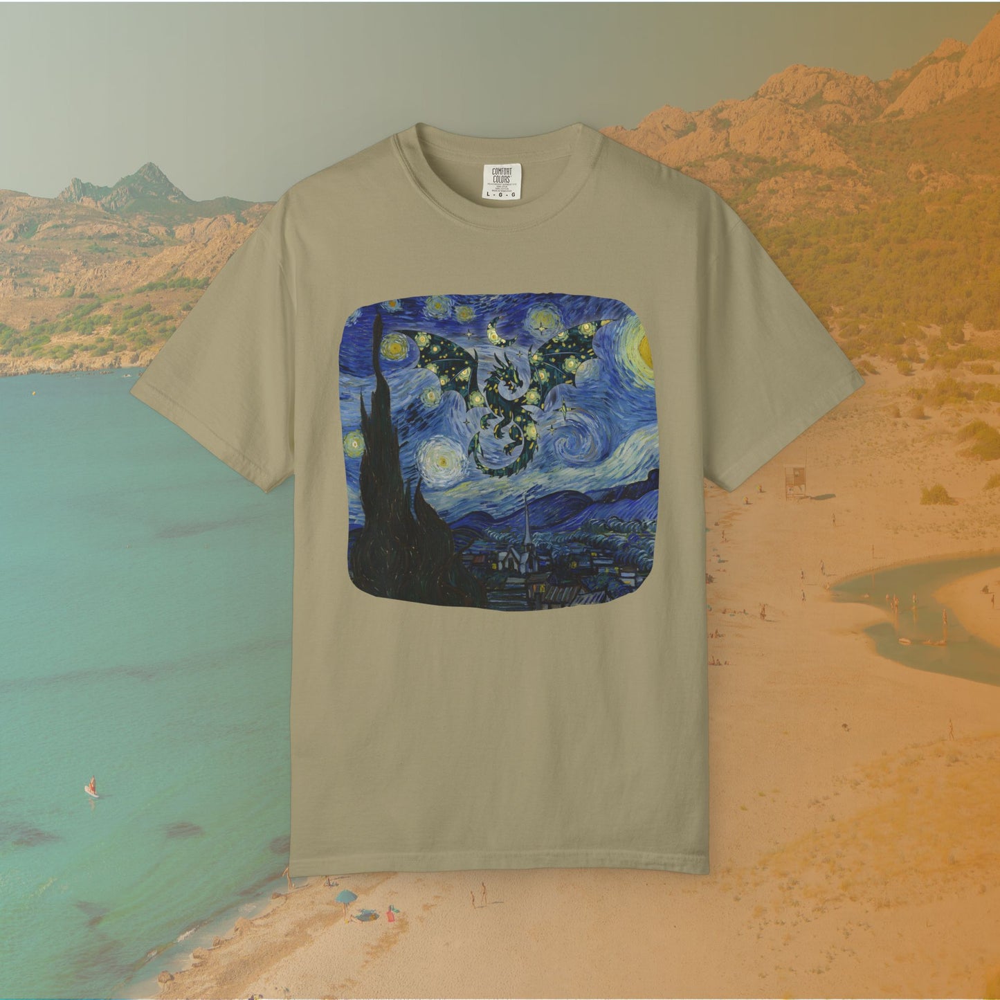 khaki t-shirt Van Gogh Starry Night-inspired painting with a dragon silhouette made of stars flying across a swirling night sky for dragoncore theme