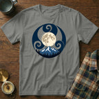 Grey t-shirt with a circular design of the moon, mountains, trees, and Celtic knot.
