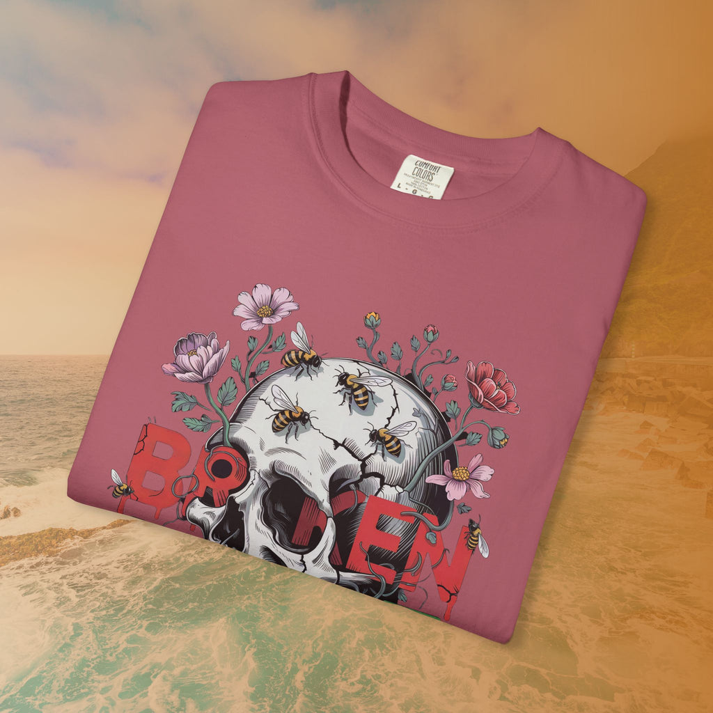 Broken Heart Skull Floral Goth T-Shirt