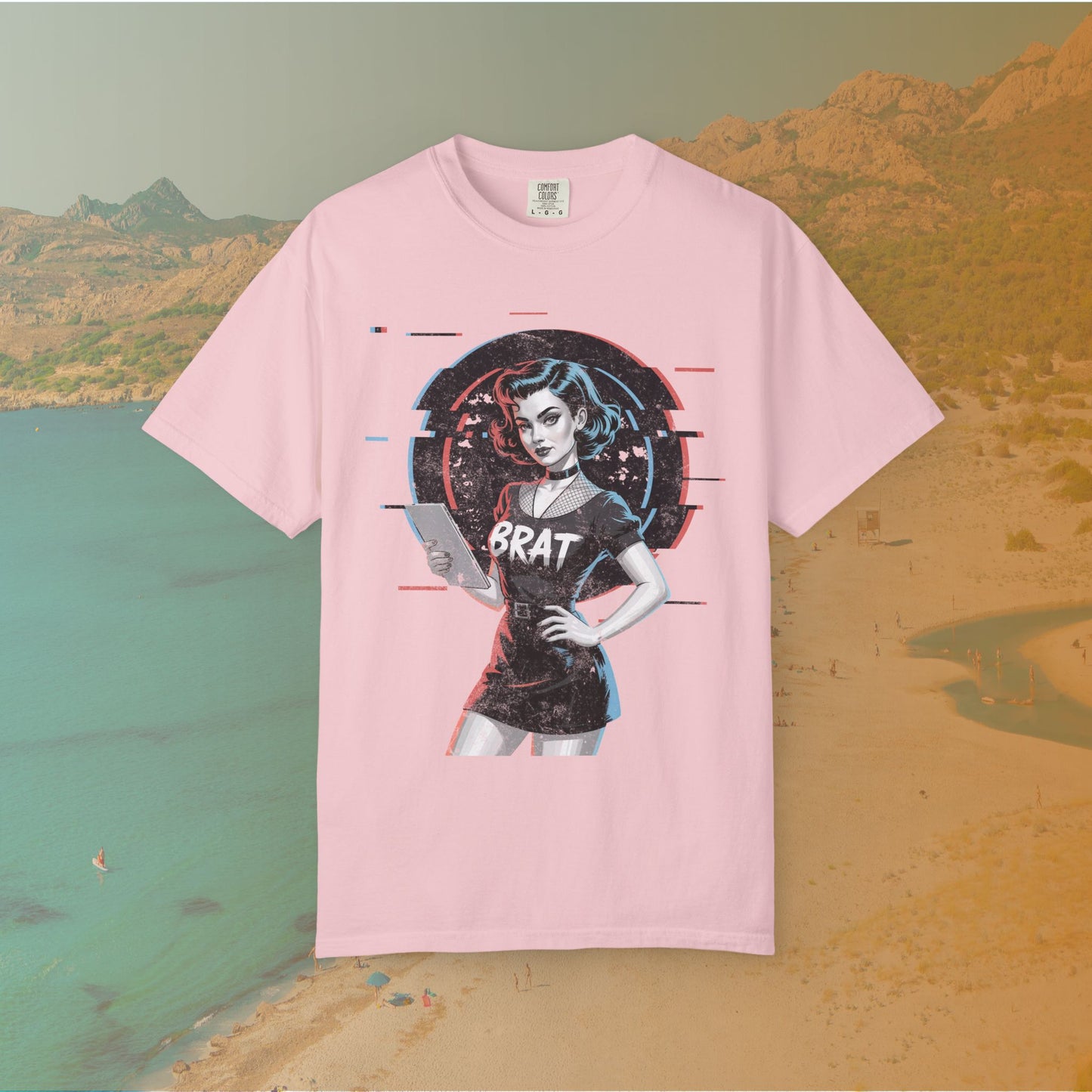 Cyberpunk BRAT Glitch Art Pinup Girl T-Shirt | Retro Pin Up Sassy Slogan Dark Goth