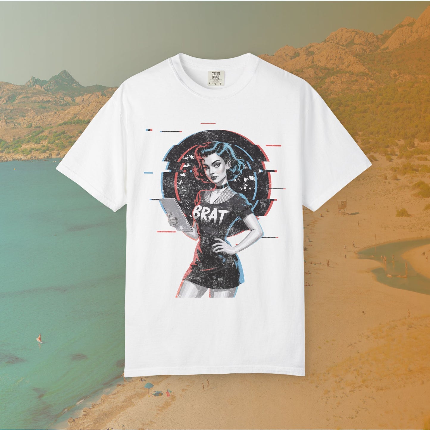 Cyberpunk BRAT Glitch Art Pinup Girl T-Shirt | Retro Pin Up Sassy Slogan Dark Goth