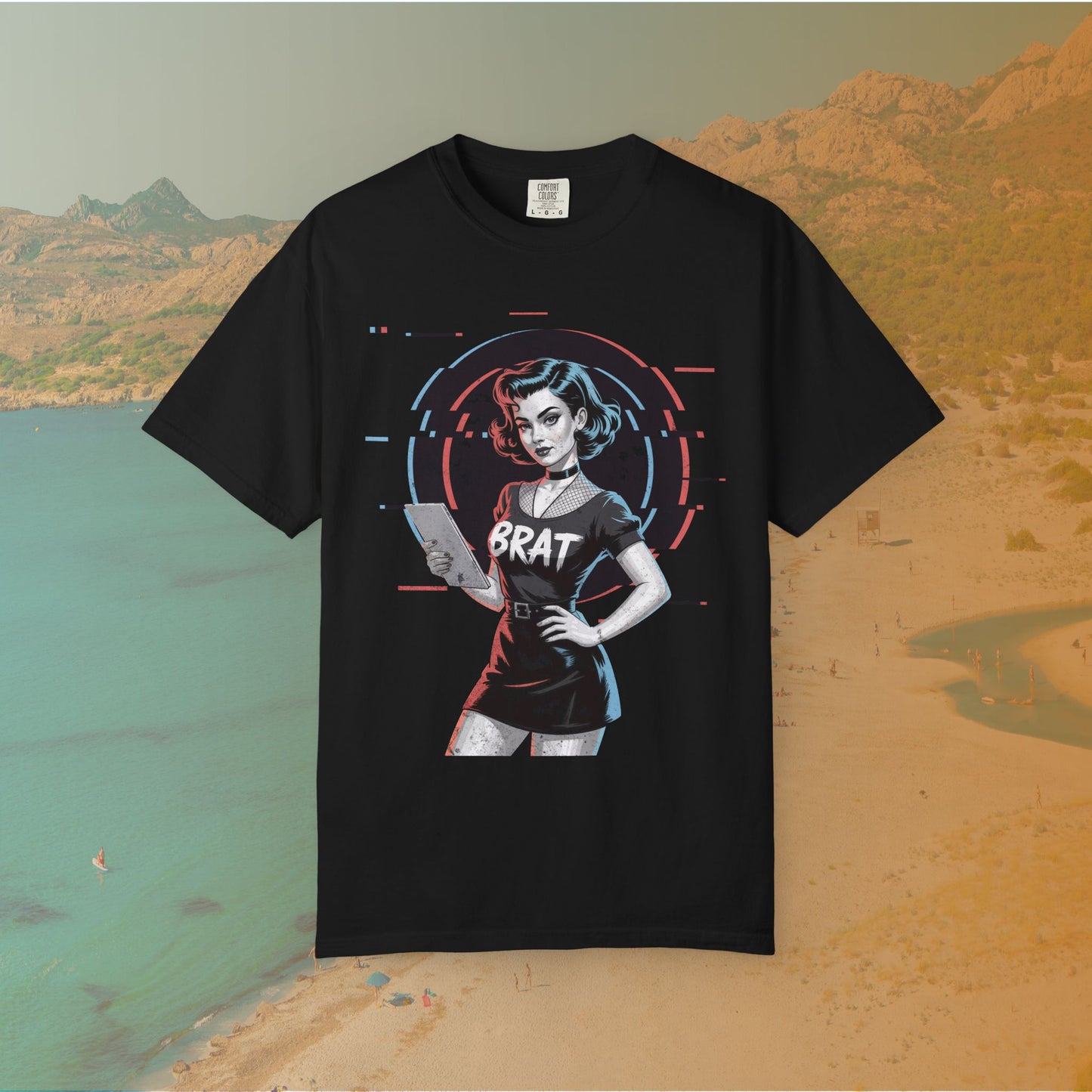 Cyberpunk BRAT Glitch Art Pinup Girl T-Shirt | Retro Pin Up Sassy Slogan Dark Goth