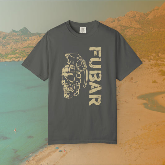grey Graphic T-shirt featuring a stylized image of a skull merged with a hand grenade, positioned next to the large, distressed stencil text "FUBAR."