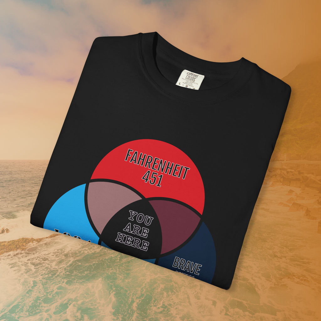 Dystopian Novels Venn Diagram T-Shirt | 1984, Fahrenheit 451, Brave New World Literary Tee