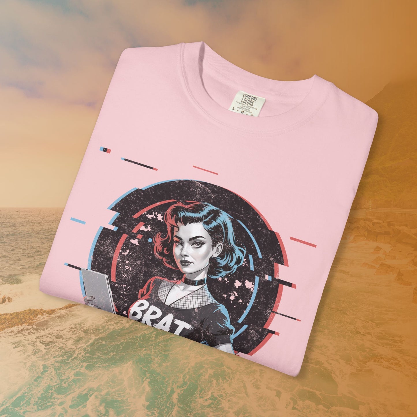 Cyberpunk BRAT Glitch Art Pinup Girl T-Shirt | Retro Pin Up Sassy Slogan Dark Goth