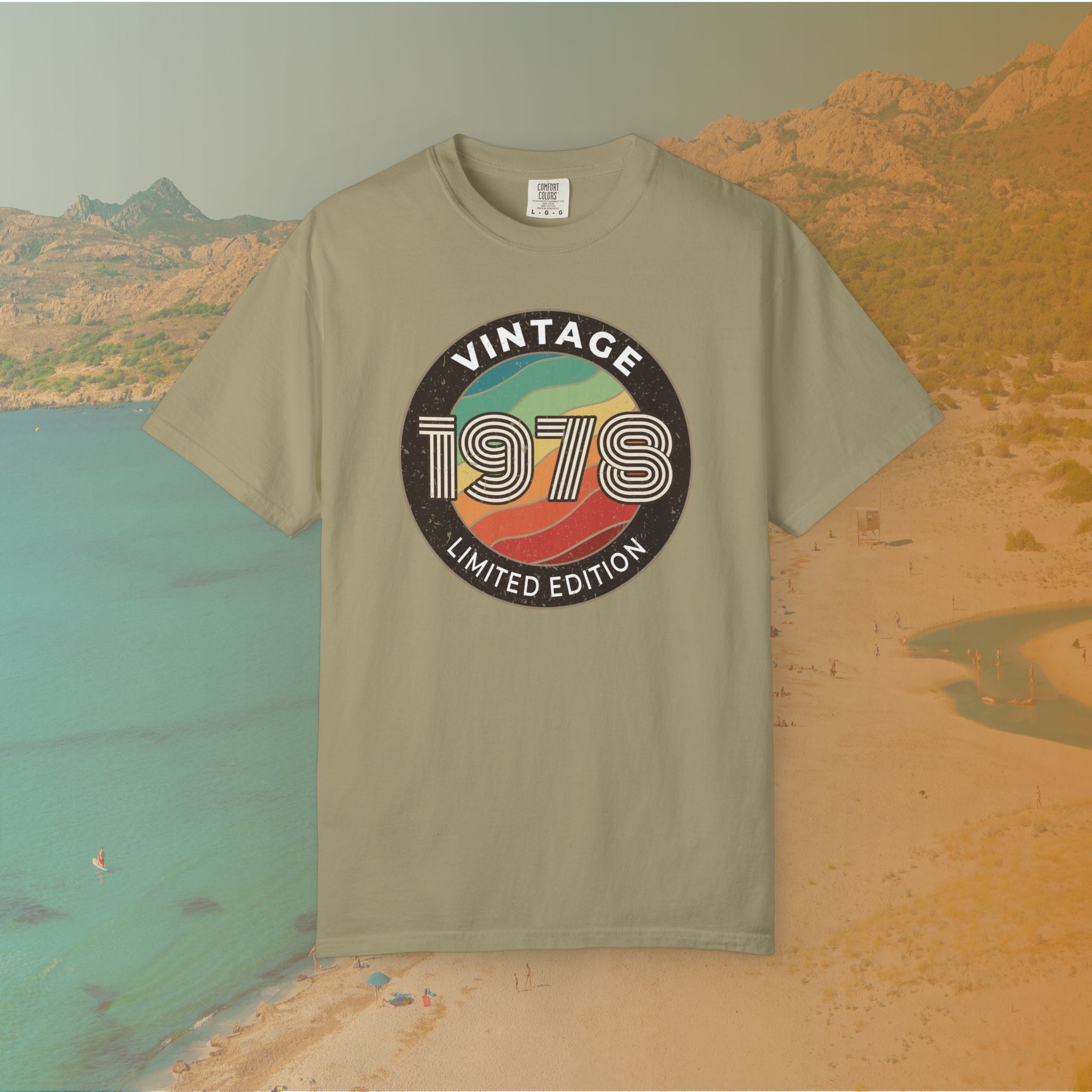 Khaki Retro-style circular graphic featuring the year 1978 in a bold, lined font over a distressed, multi-colored wavy background. The outer border reads "VINTAGE" at the top and "LIMITED EDITION" at the bottom. 