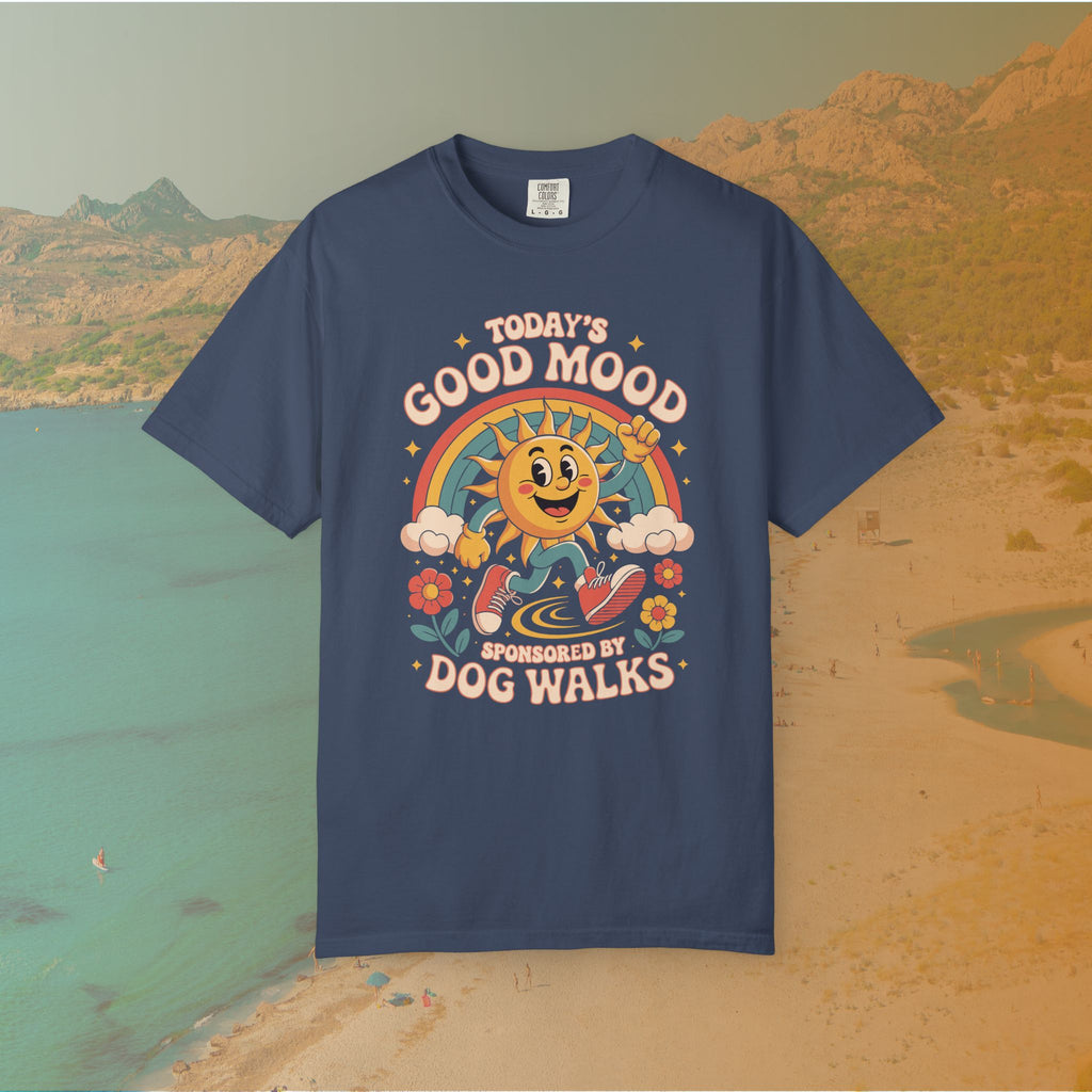 navy blue  t-shirt Retro 70s-style graphic t-shirt featuring a running, happy cartoon sun in sneakers under a rainbow and clouds. The slogan reads: "TODAY'S GOOD MOOD SPONSORED BY DOG WALKS."