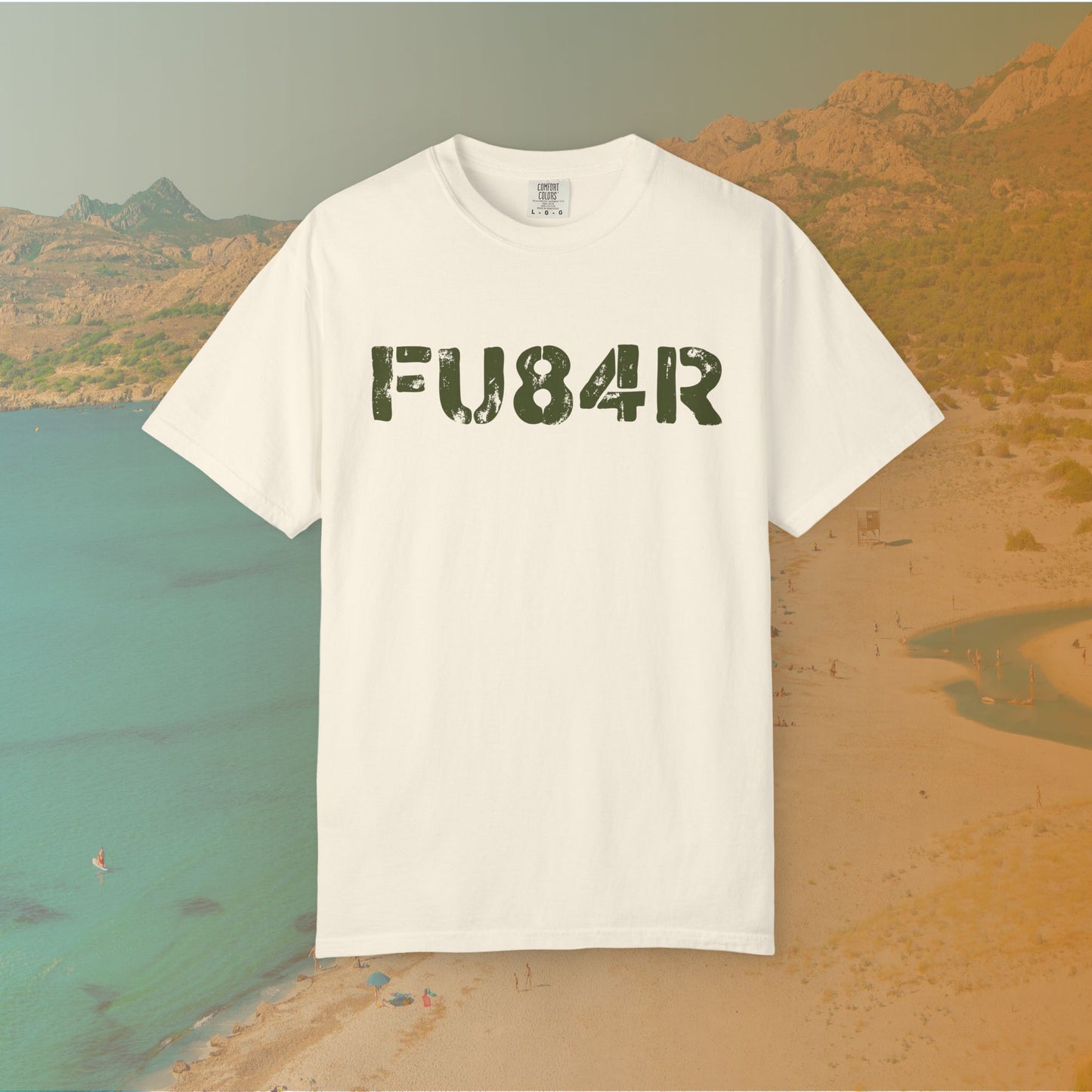 white-t-shirt Graphic T-shirt featuring the large, distressed, military-style stencil text "FU84R" (a numeric replacement for FUBAR)