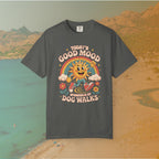 grey  t-shirt Retro 70s-style graphic t-shirt featuring a running, happy cartoon sun in sneakers under a rainbow and clouds. The slogan reads: "TODAY'S GOOD MOOD SPONSORED BY DOG WALKS."