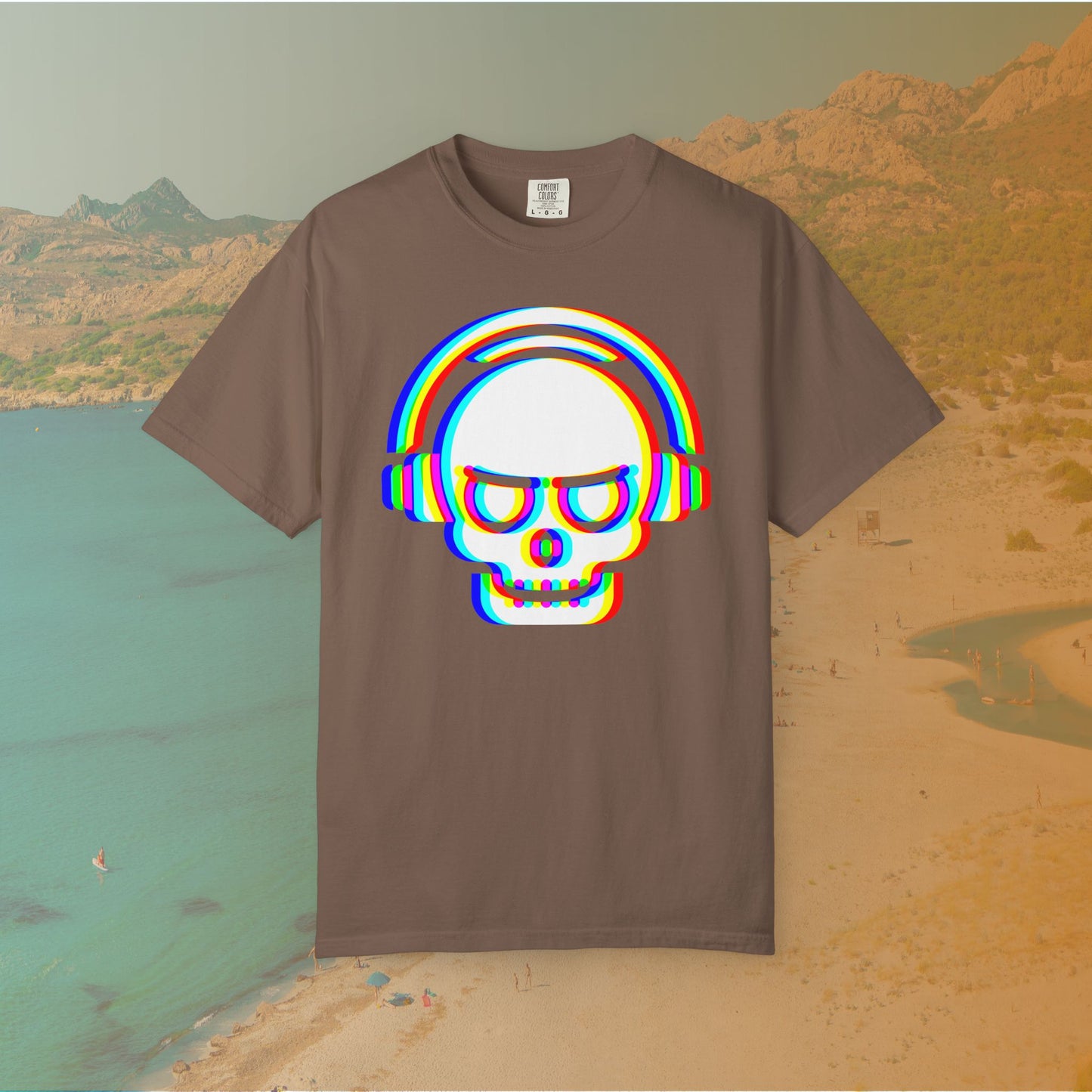 brown t-shirt with White EDM DJ skull graphic wearing headphones, rendered with an intense red, blue, and yellow (RGB) chromatic aberration or glitch effect 