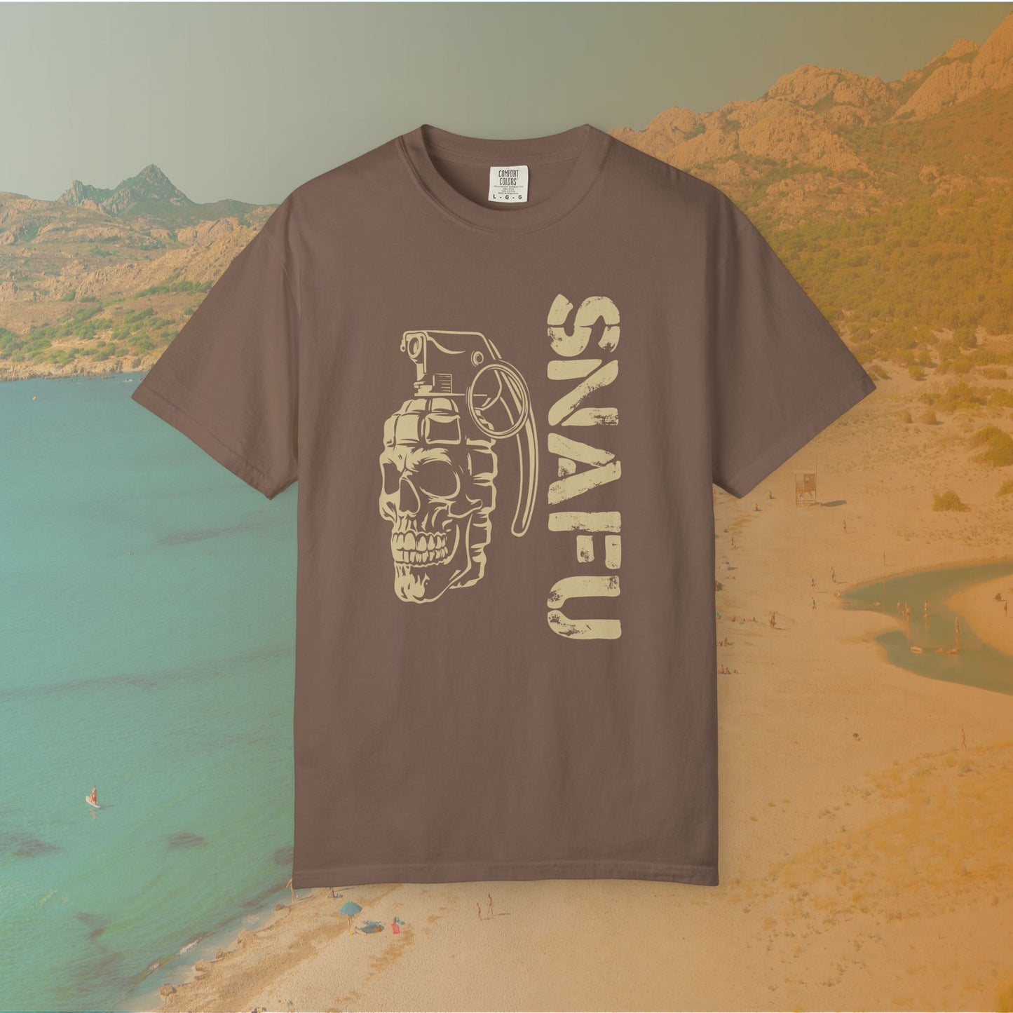 brown Graphic T-shirt featuring a stylized image of a skull merged with a hand grenade, positioned next to the large, distressed text "SNAFU."