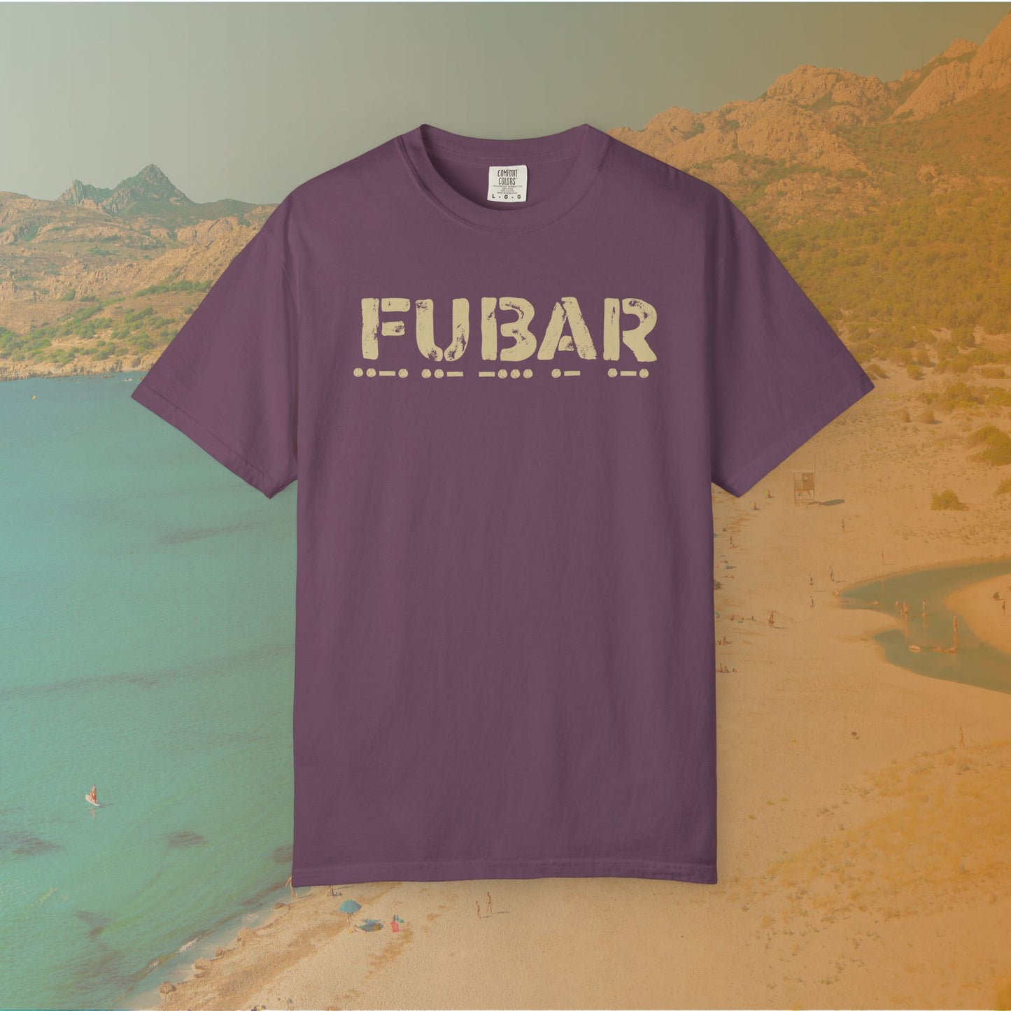Purple t-shirt with 'FUBAR' text on a scenic background