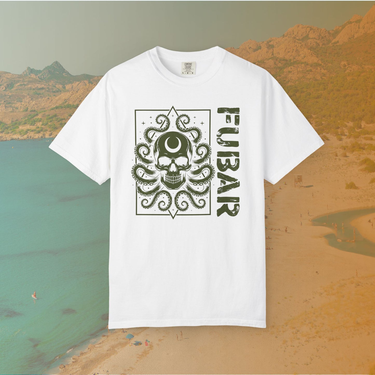 white Graphic T-shirt featuring a detailed skull with a crescent moon on its forehead and octopus tentacles emerging from it, next to the large, distressed text "FUBAR."