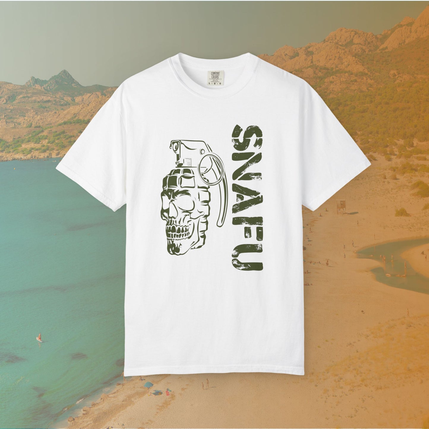 white Graphic T-shirt featuring a stylized image of a skull merged with a hand grenade, positioned next to the large, distressed text "SNAFU."