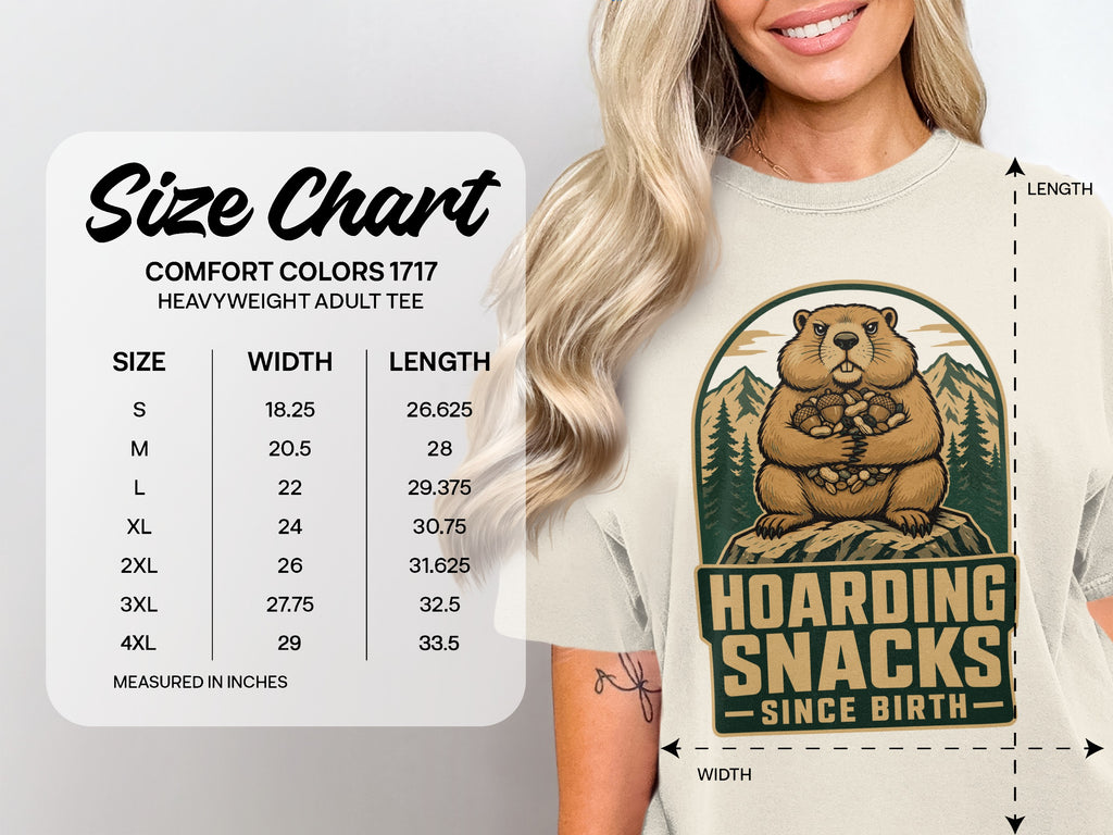 Size chart for Comfort Colors 1717 heavyweight adult tee with a groundhog graphic.