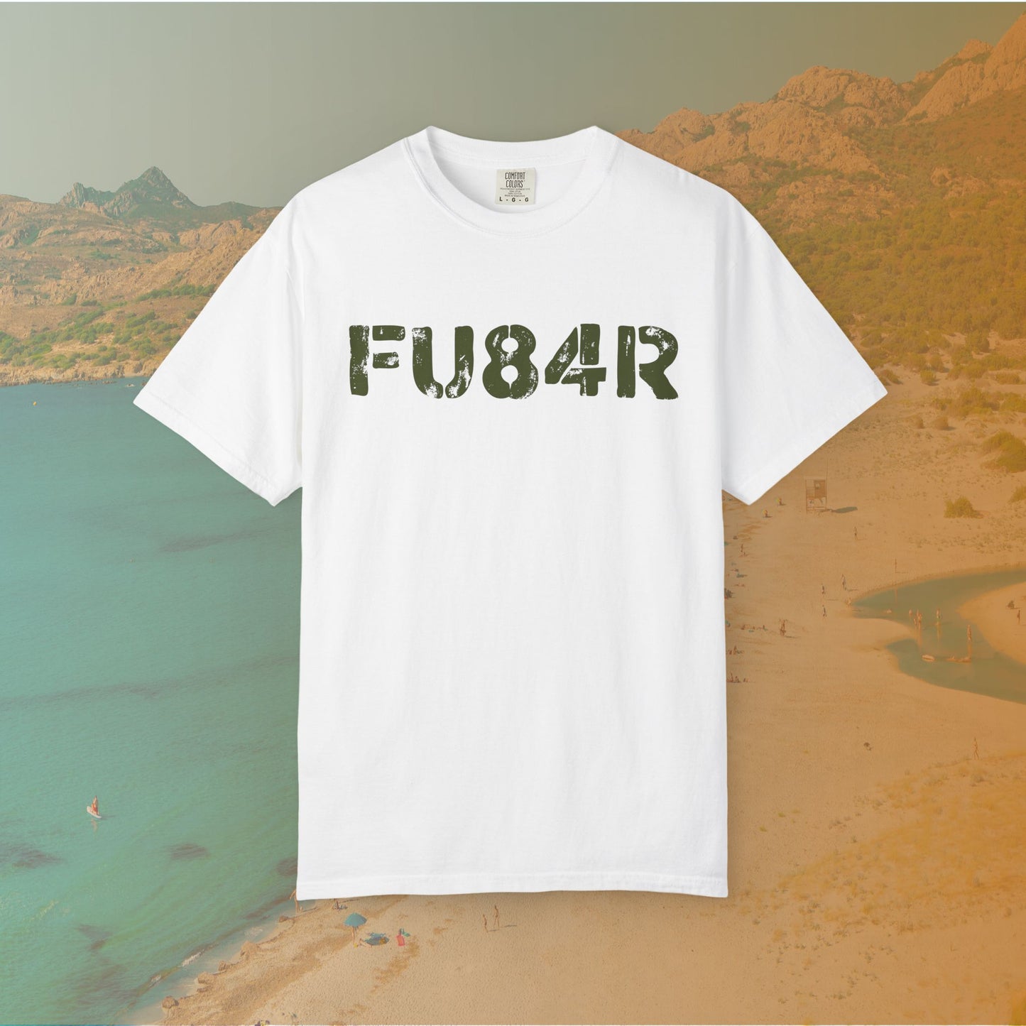 white t-shirt Graphic T-shirt featuring the large, distressed, military-style stencil text "FU84R" (a numeric replacement for FUBAR)
