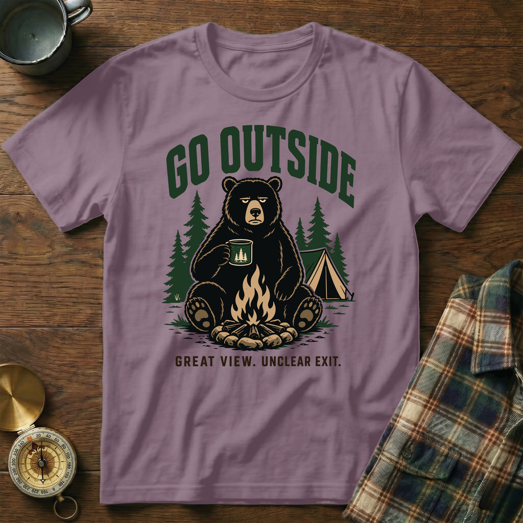 Purple t-shirt with a bear holding a mug by a campfire, text reads "Go Outside".