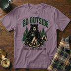Purple t-shirt with a bear holding a mug by a campfire, text reads "Go Outside".