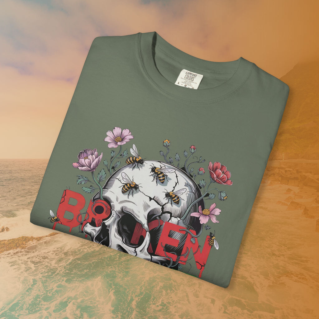 Broken Heart Skull Floral Goth T-Shirt
