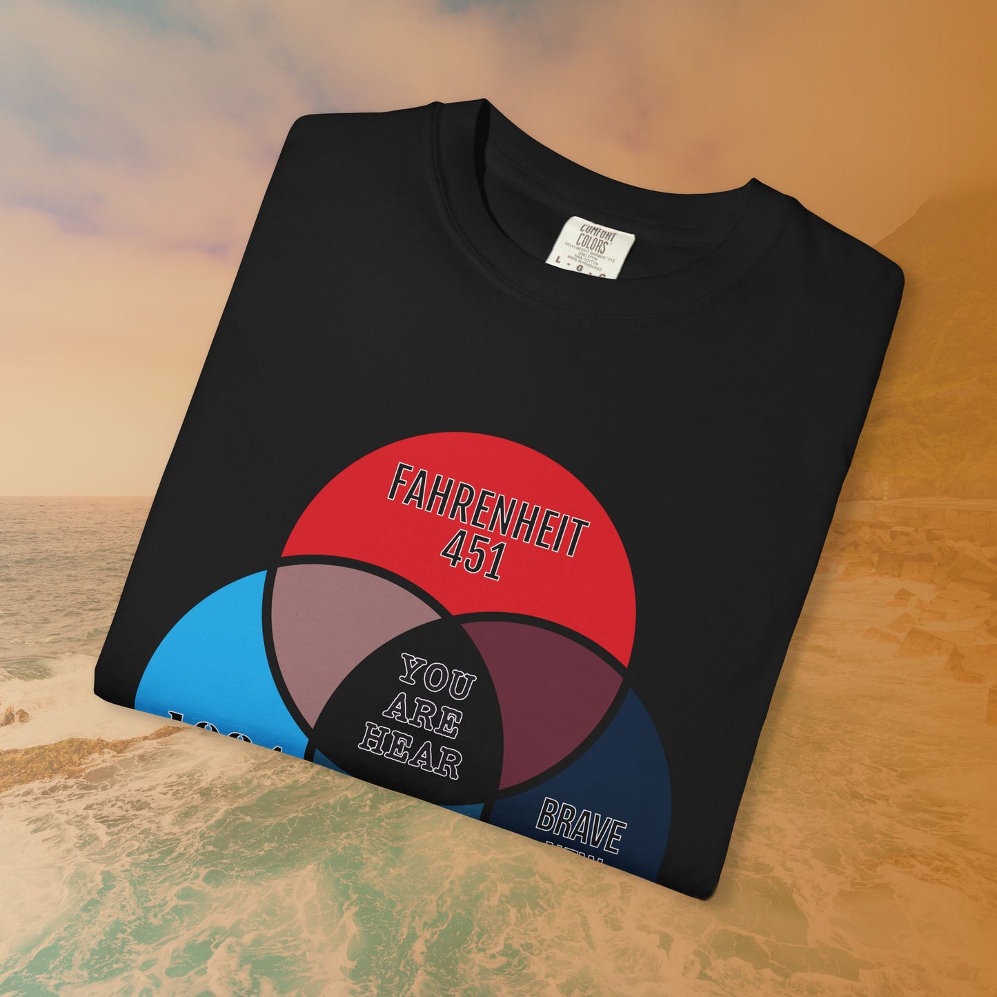 Dystopian Novels Venn Diagram T-Shirt | 1984, Fahrenheit 451, Brave New World Literary Tee