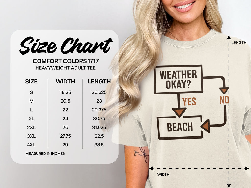 Comfort Colors 1717 heavyweight adult tee size chart with width and length measurements in inches.
